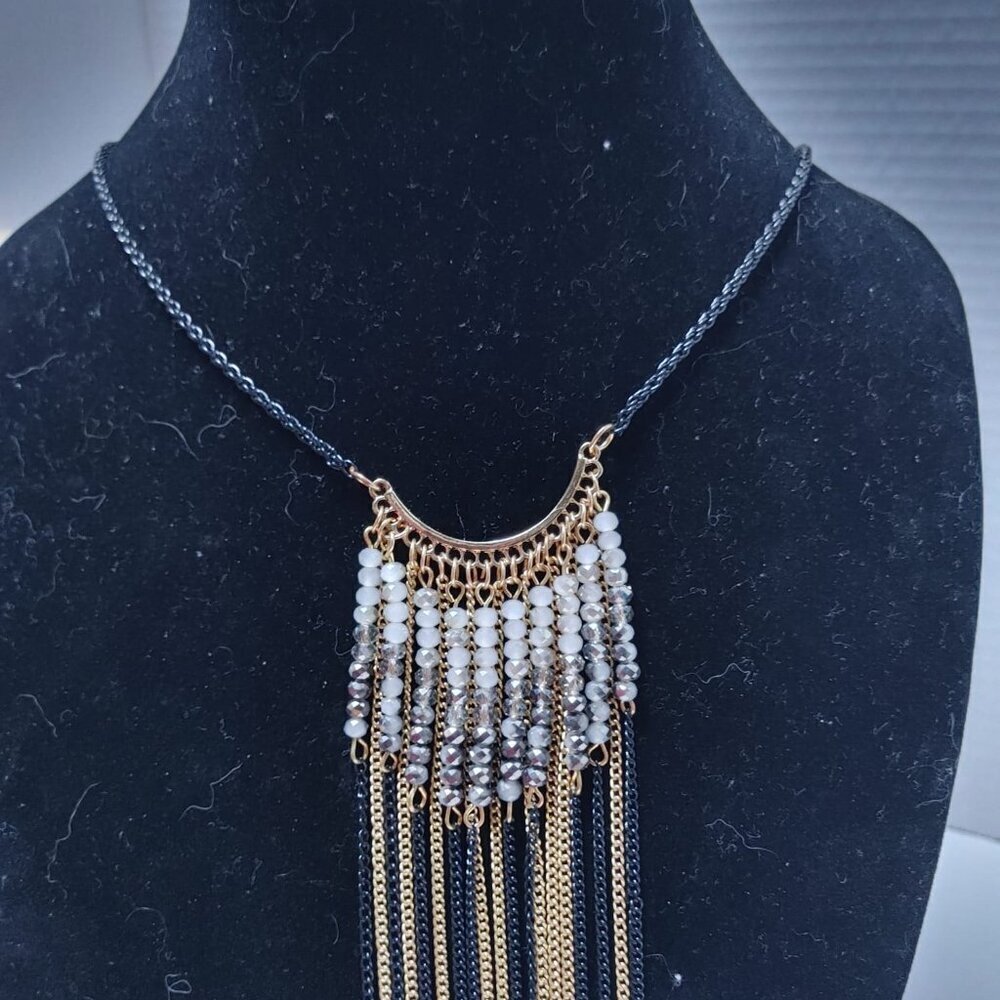 Gold tone grey Crystal Bead Fringe Necklace Paparazzi Black Tone chain